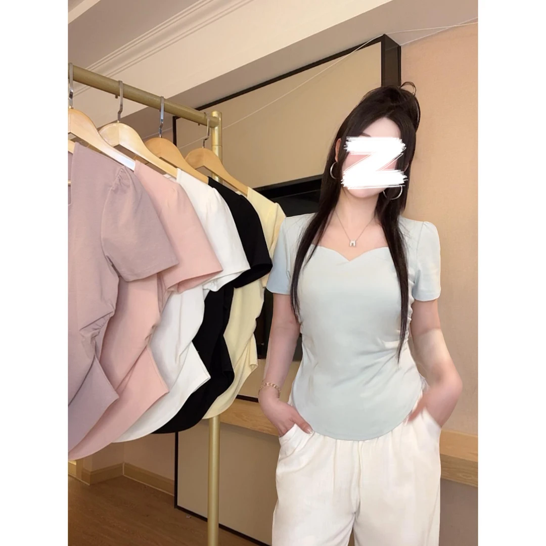 【望巷】大码胖mm设计感欧若风收腰褶皱上衣修身显瘦纯色v领短袖T恤