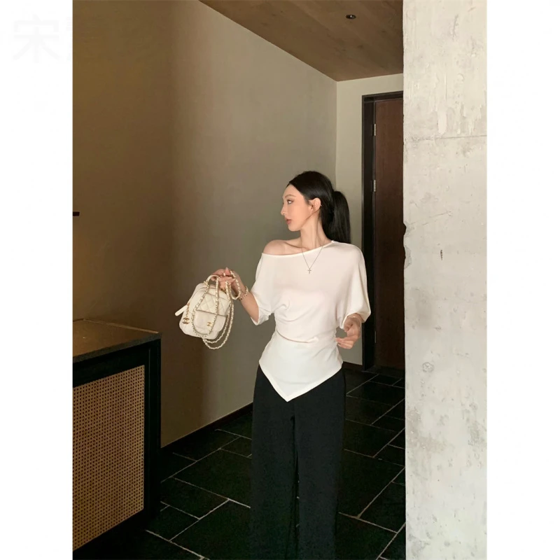 美式复古斜领露单肩短袖T恤女不规则上衣高腰直筒长裤辣妹两件套