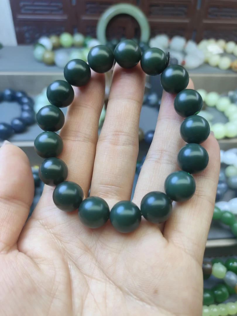 天然和田玉新疆料蓝调沙枣青圆珠12mm手串手链