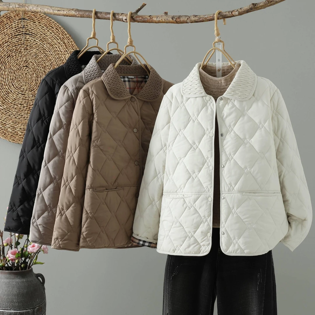 秋冬新款轻薄小棉袄中年女士小翻领棉袄纯色时尚百搭棉服