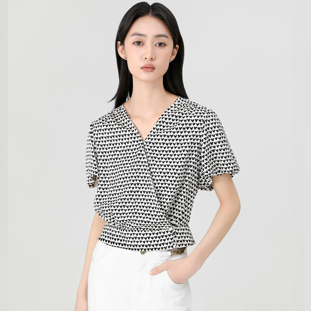 V领短袖黑白撞色碎花衬衫女162M2111