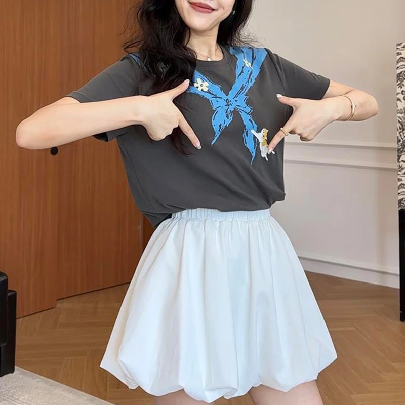 2025年夏季新款韩版时尚洋气高级感短袖T+花苞裙裤潮流两件套装