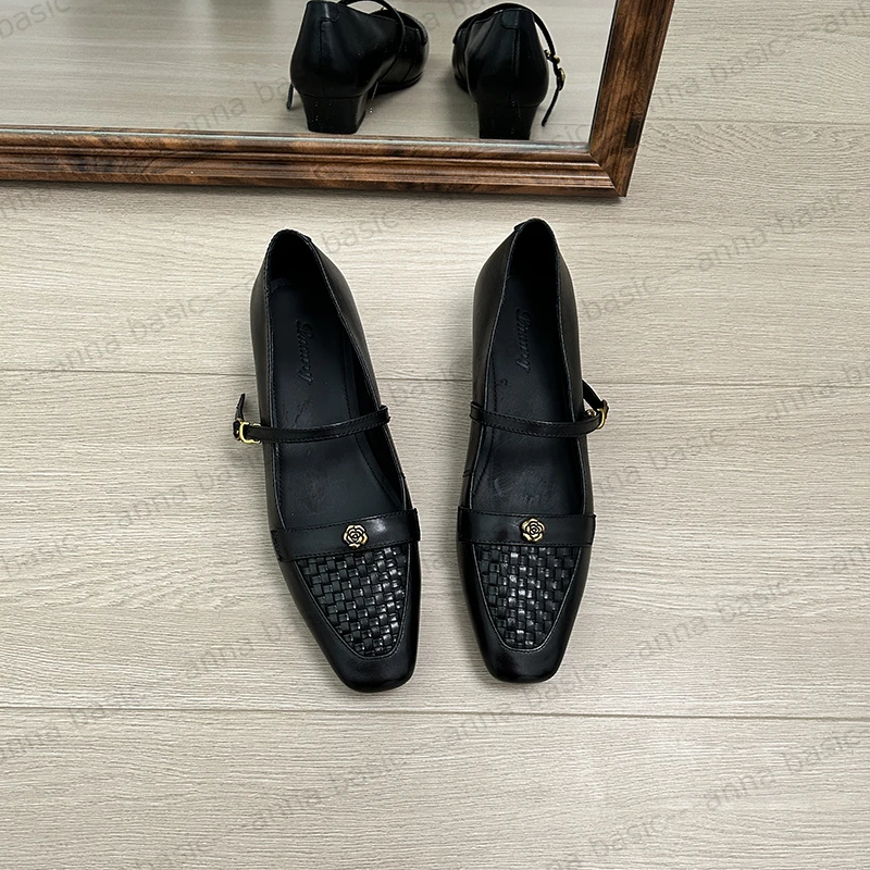 3cm/XW1976牛皮方头浅口单鞋女春夏编织法式一字带玛丽珍鞋低跟