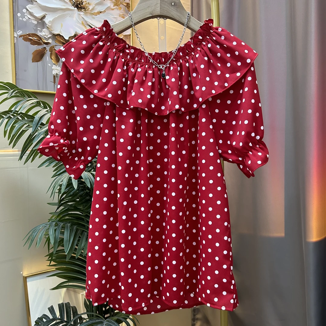 红色波点一字肩领荷叶边碎花法式短袖夏季衬衫泡泡袖显瘦气质宽松