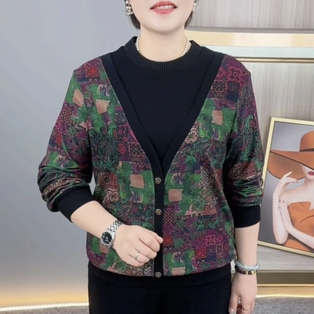 秋季新款时尚圆领假两件中老年气质妈妈装休闲显瘦长袖上衣H917-2