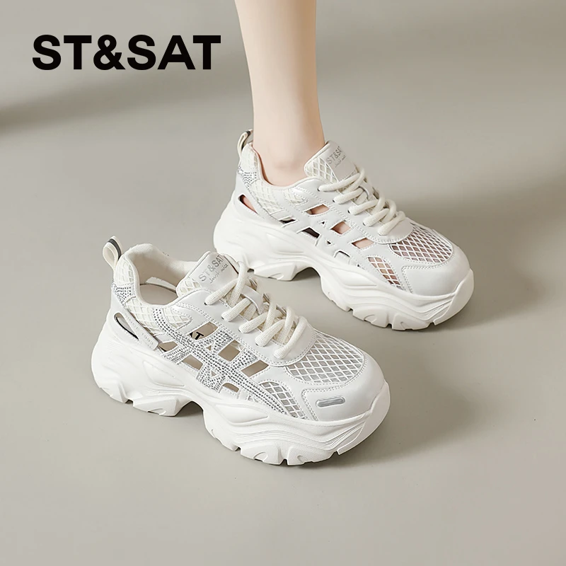 星期六镂空老爹鞋女2025夏季新款网面透气运动凉鞋厚底洞洞溯溪鞋