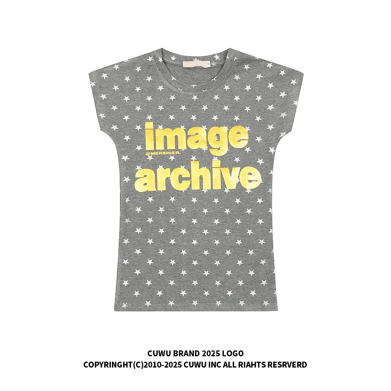 cuwu美式复古字母星星满印圆领短袖T恤女夏季修身显瘦休闲上衣潮