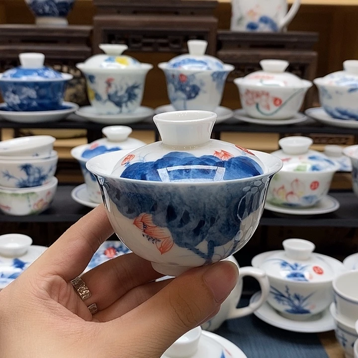 手绘荷花130二才盖碗釉下彩高温微瑕福利款