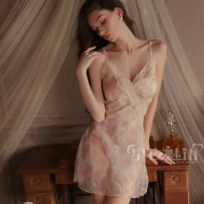 【子夜玫瑰】法式甜美婉约优雅加胸垫睡衣雪纺大码睡裙