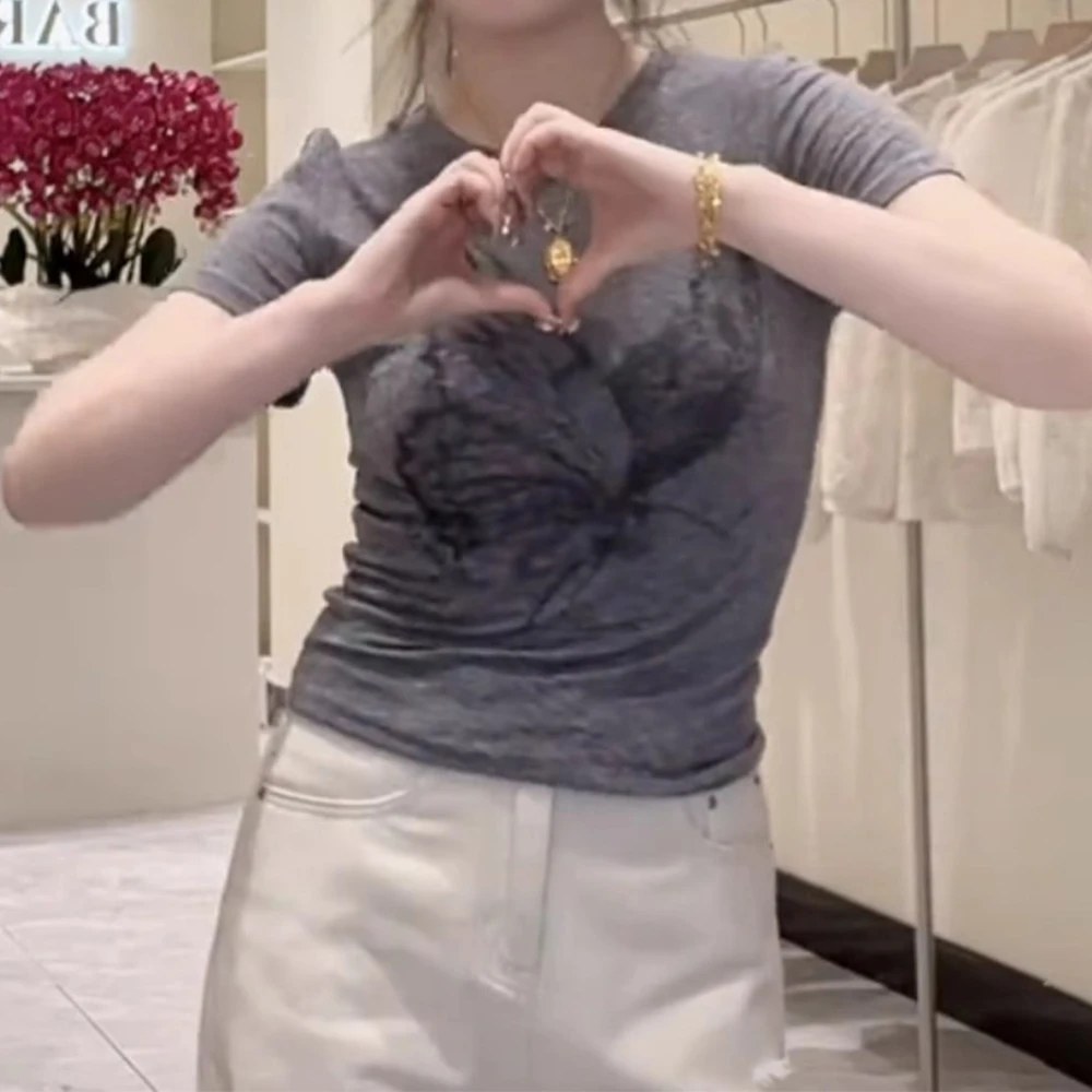 复古灰色蝴蝶结印花正肩短袖t恤女2025新款夏季修身显瘦短款上衣