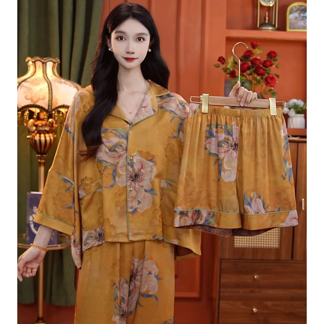 琪琪家【国色天香】舒适睡衣女士套装可外穿家居服七分袖三件套BQQ