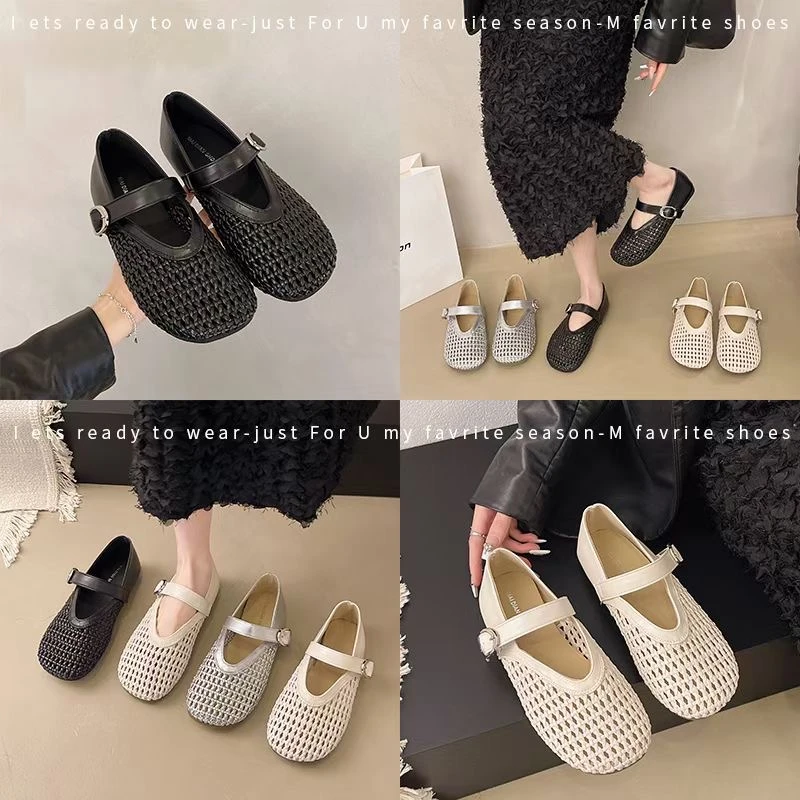 镂空编织网面玛丽珍女鞋2025新款夏季凉鞋圆头透气平底芭蕾公主鞋