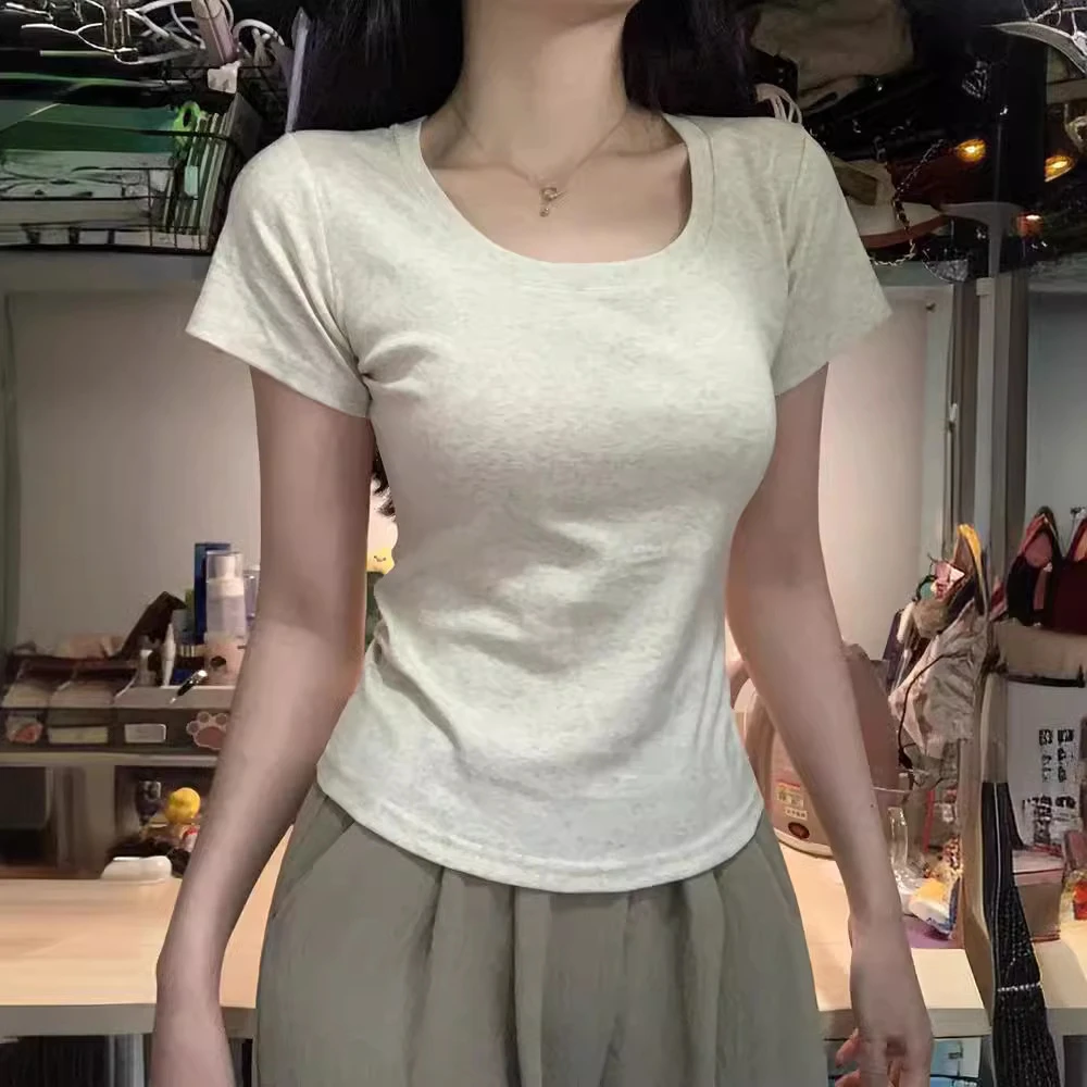 美式短袖正肩t恤女夏季2025新款显瘦修身辣妹短款学生上衣设计感