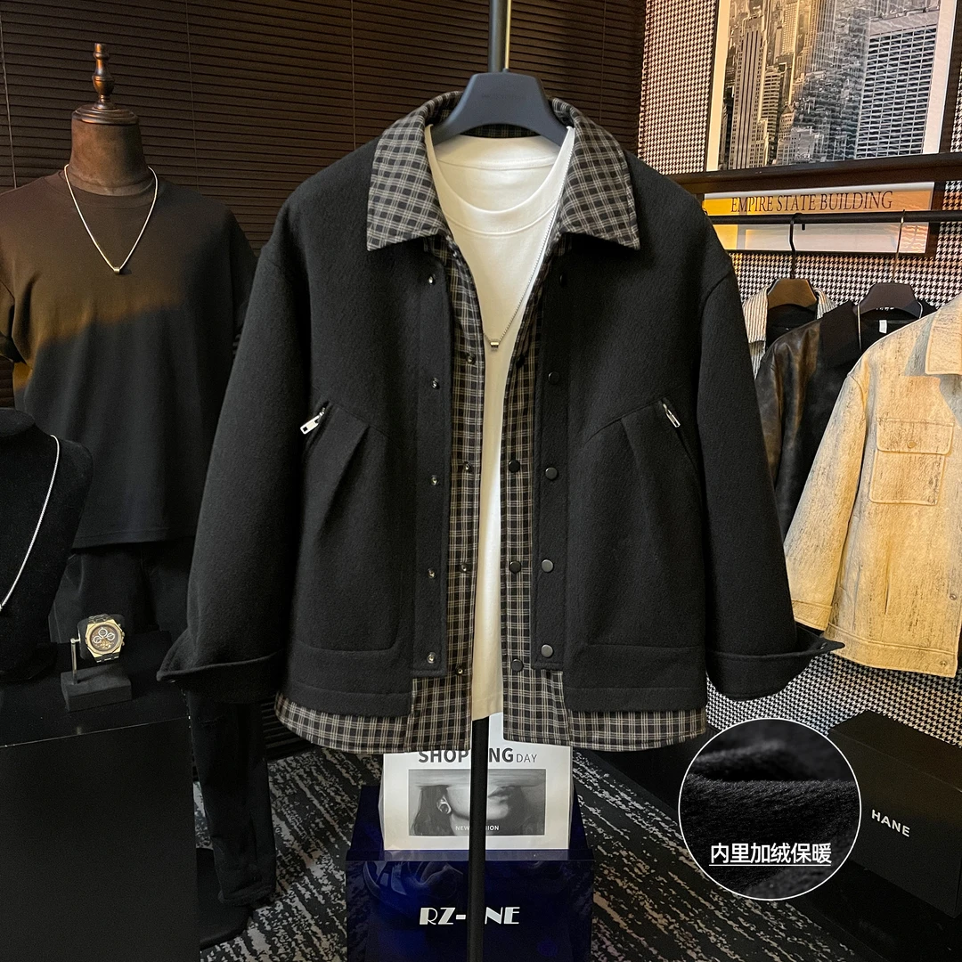 【BJ】冬季高定内里加绒加厚假两件格子拼接保暖翻领毛呢夹克外套
