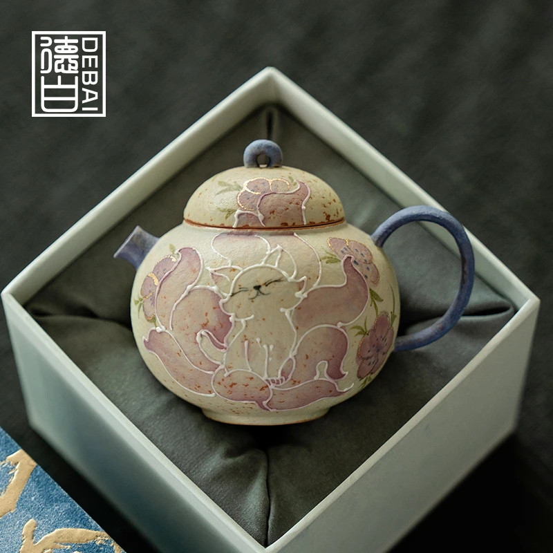 德白高档家用火石红纯手绘九尾仙狐圆肚茶壶带过滤泡茶器单壶茶具