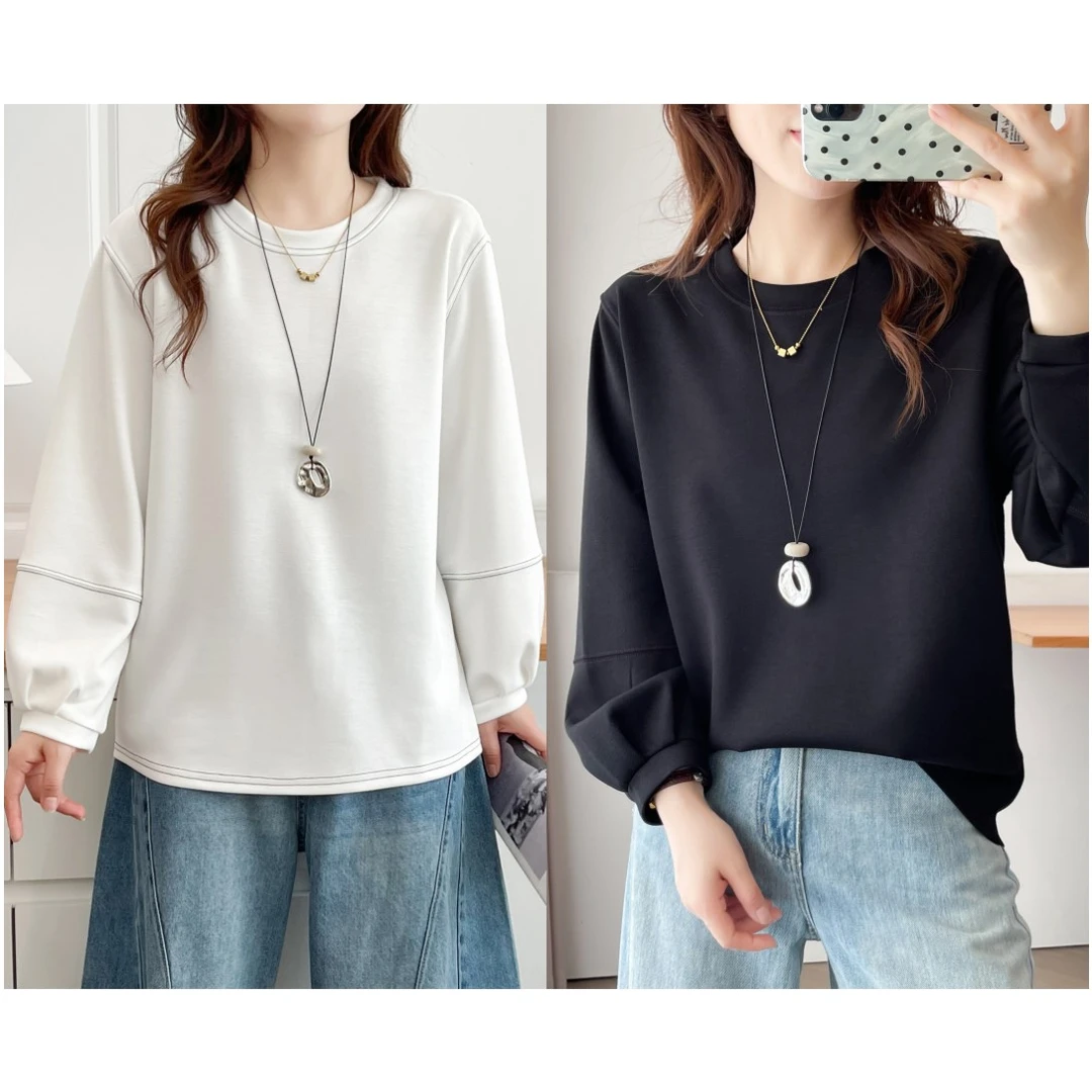 梦冬佳--110-200斤大码女装胖mm秋装休闲显瘦宽松圆领灯笼袖T恤衫