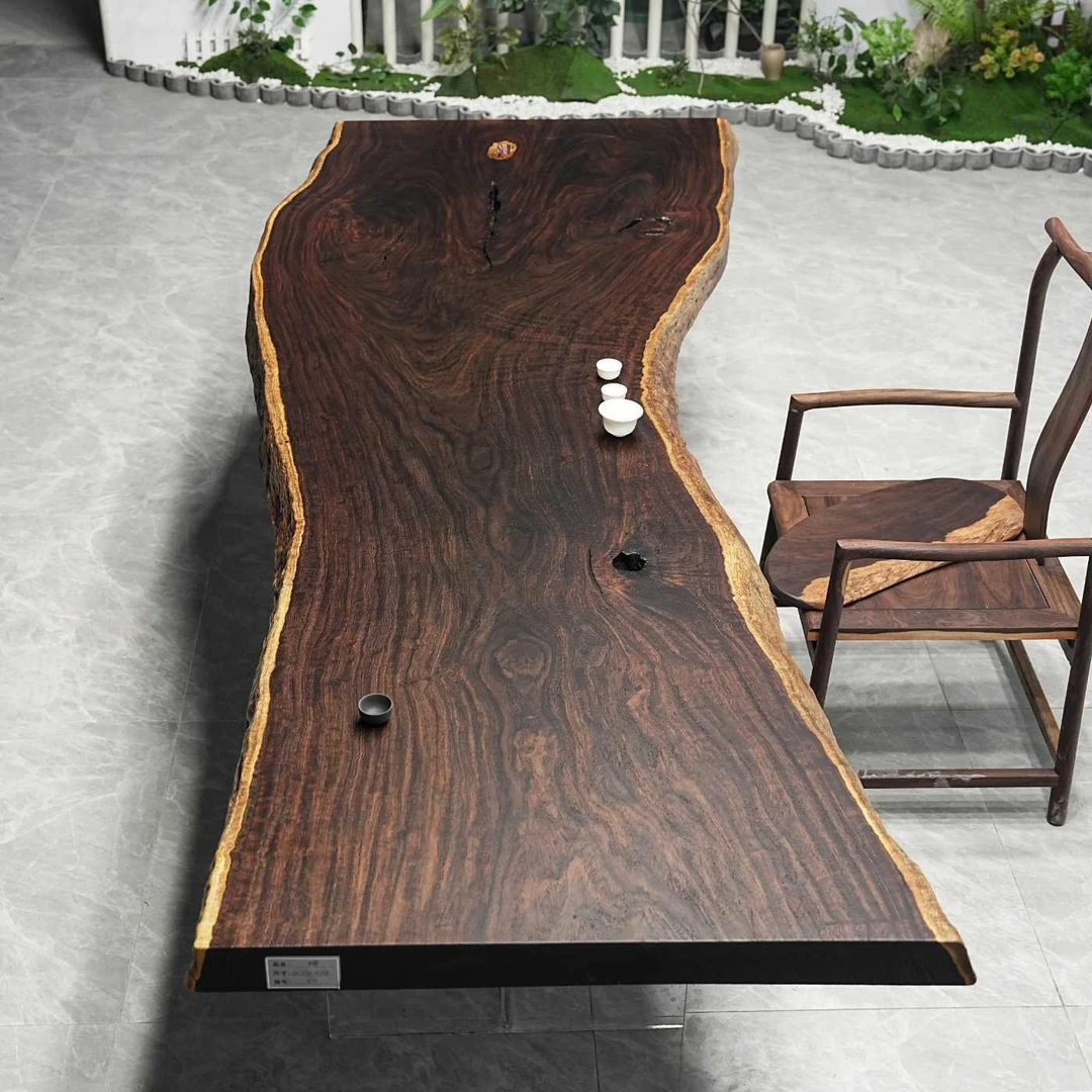 侘寂风黑檀整板自然边实木大板办公桌书桌餐桌茶桌民宿轻奢风设计