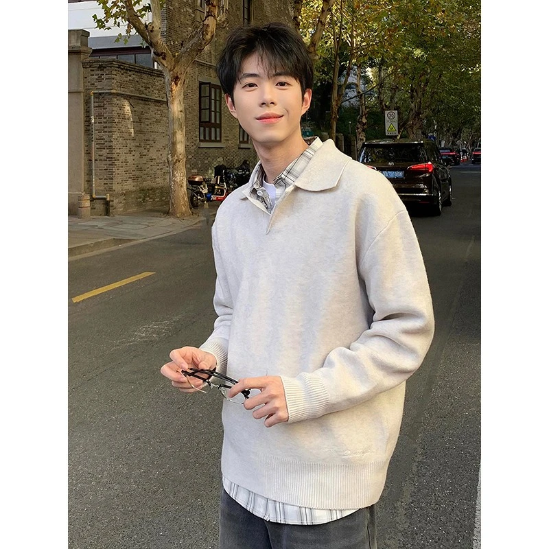 杏色复古慵懒风翻领毛衣男冬季老钱风高级感休闲针织衫百搭打底衫