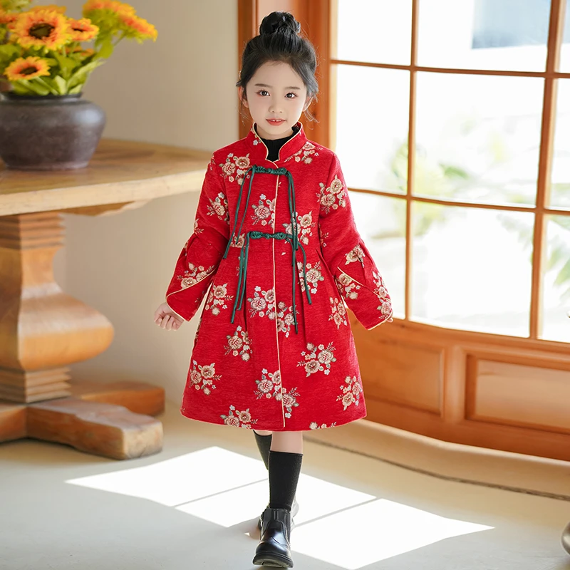 女童冬装拜年服新年洋气红色刺绣提花夹棉款中国风夹棉外套连衣裙