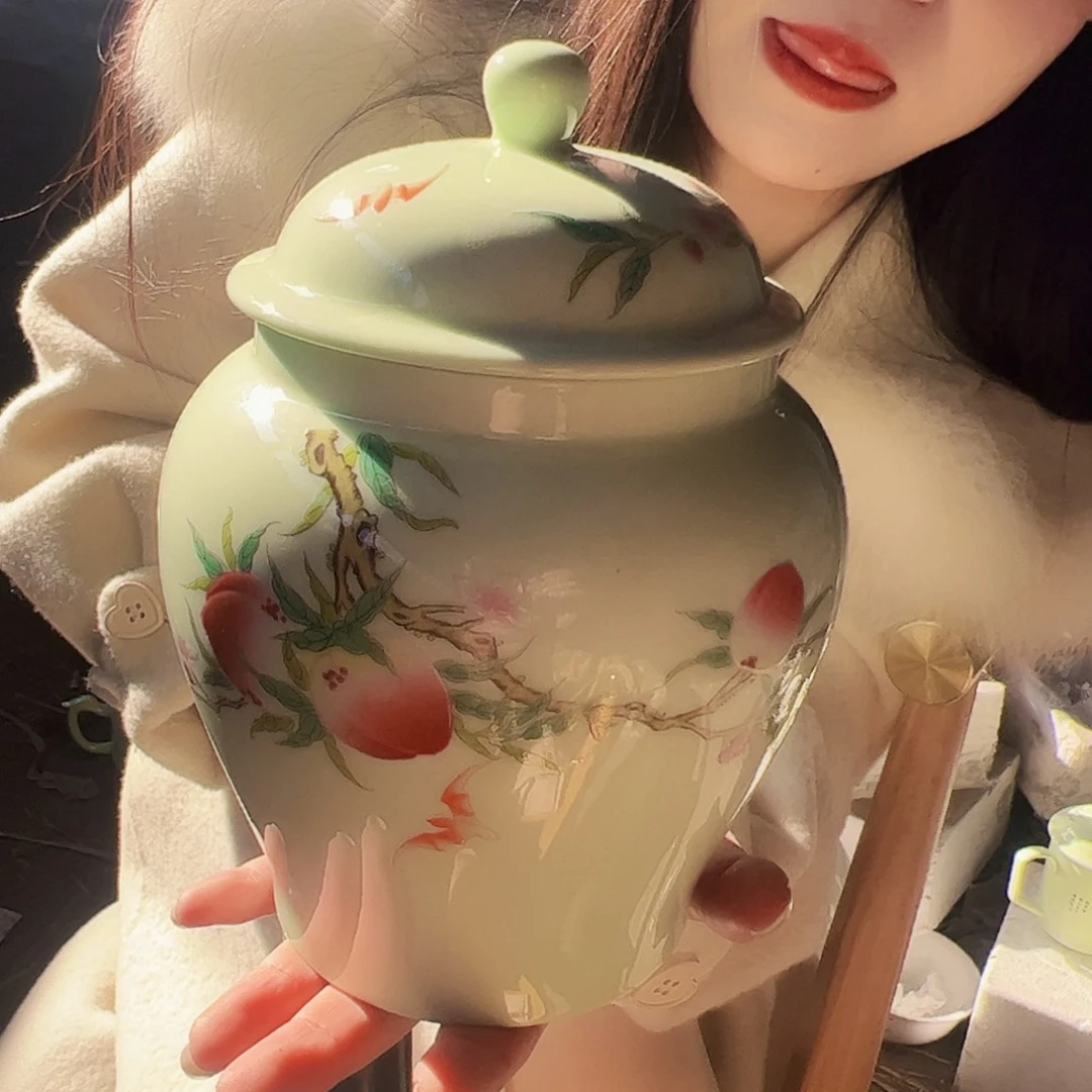摆件陶景德镇绿xixi寿桃罐