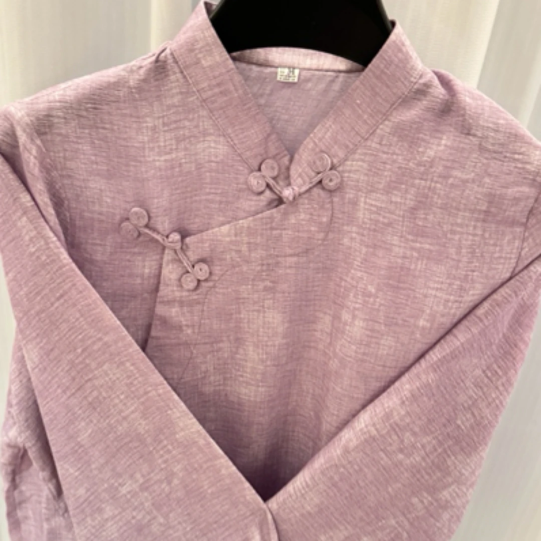 【扎溪卡】粉紫色棉麻高端手工衬衣