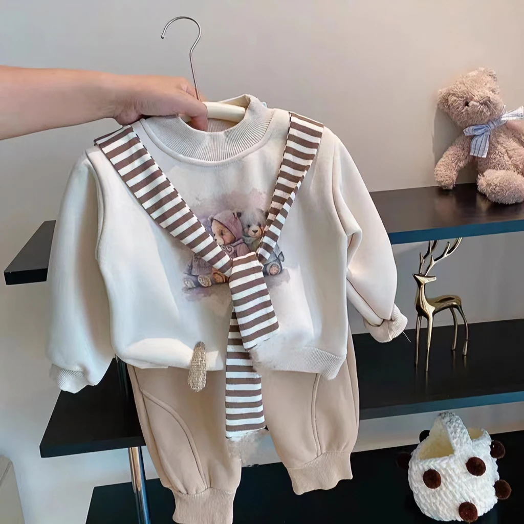 38093女童秋冬女宝宝套装套装2023新款条纹披肩加绒卫衣两件套