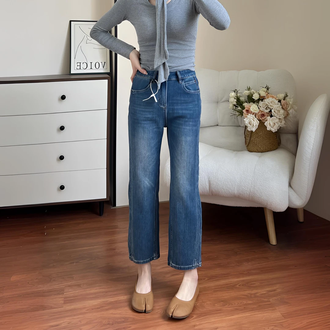 开叉直筒牛仔裤女秋季新款女款大码九分小个子高腰弹力显瘦烟管裤