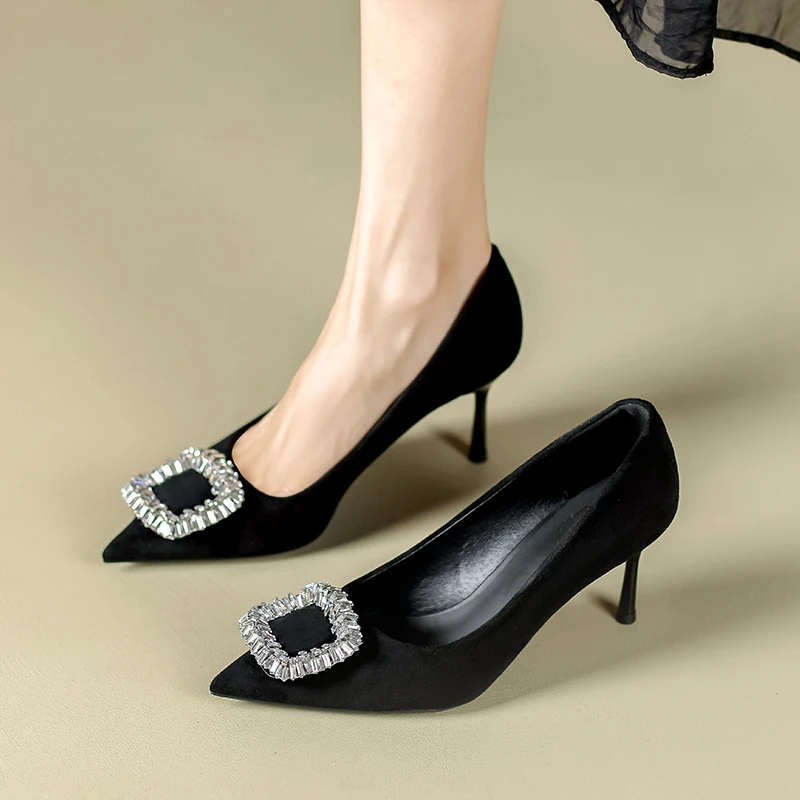 黑色绒面高跟鞋女细跟水钻方扣3公分小跟不累脚尖头单鞋7厘米工鞋