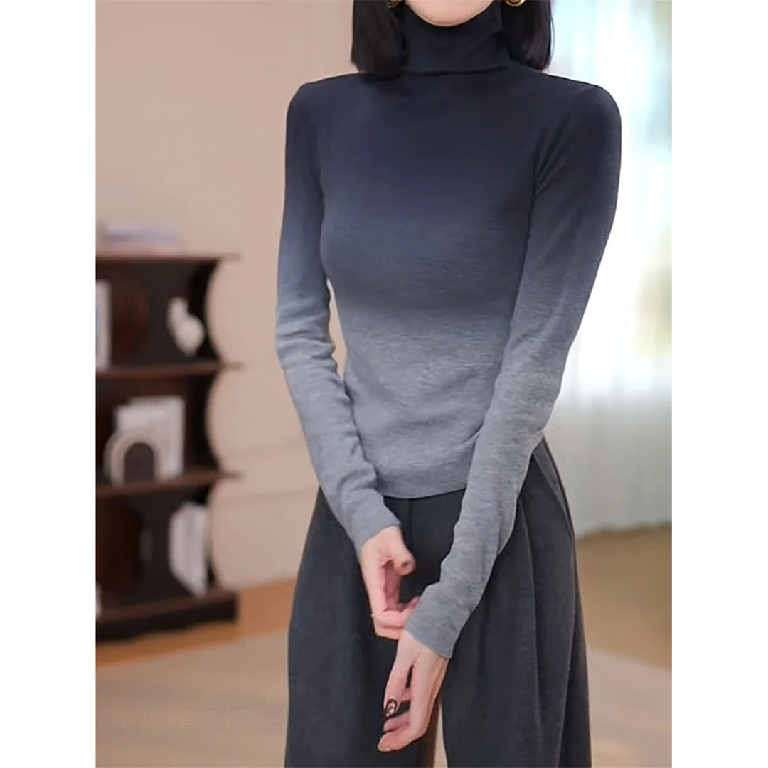 轻奢渐变色堆堆高领晕染长袖针织衫女秋冬修身显瘦百搭内搭毛衣