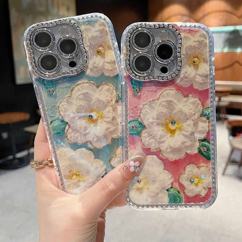 适用苹果系列iPhone16新款手机壳优雅山茶花扭边钻框闪钻镜头膜