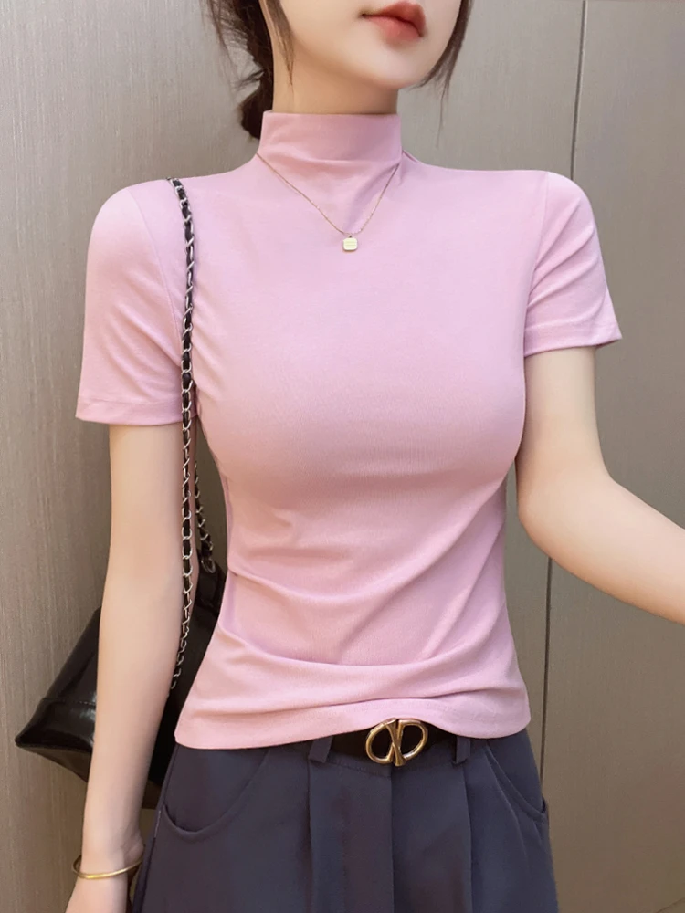 半高领短袖t恤女夏2025新款莱赛尔正肩内搭修身打底洋气薄款上衣