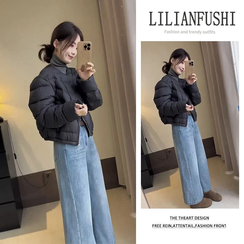 韩系穿搭2025秋冬新款百搭宽松圆领长袖外套显瘦阔腿牛仔裤两件套