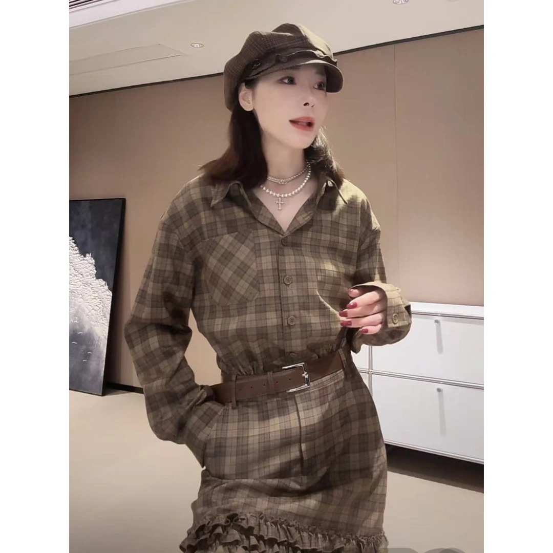 韩系复古甜美气质格纹印花连衣裙女2025新款文艺小众显瘦绝美短裙