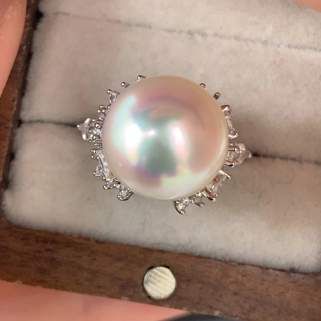 定制海水珍珠银S925镶嵌戒指/指环12.8mm澳白裸珠一颗