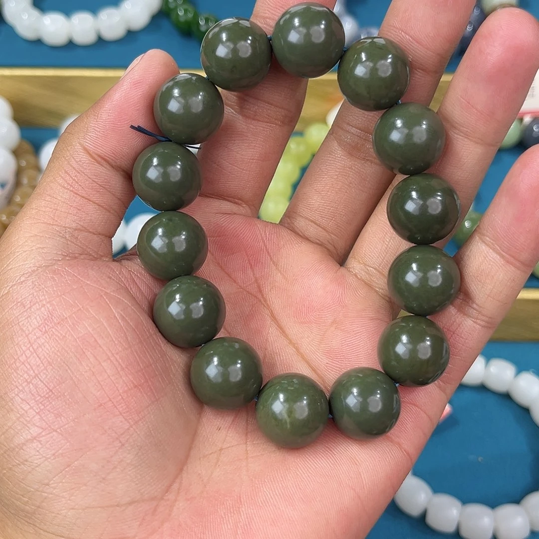 手串未镶嵌和田玉纯天然新疆和田玉沙枣青16mm