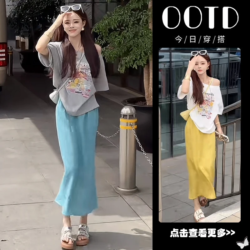 【现货】超火夏穿搭一整套2025新款露肩印花T恤高腰半身裙两件套装