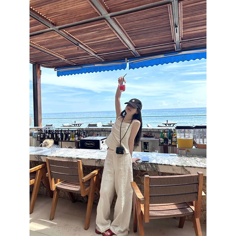 韩系一整套穿搭慵懒松弛套装修身无袖背心上衣高腰宽松直筒阔腿裤