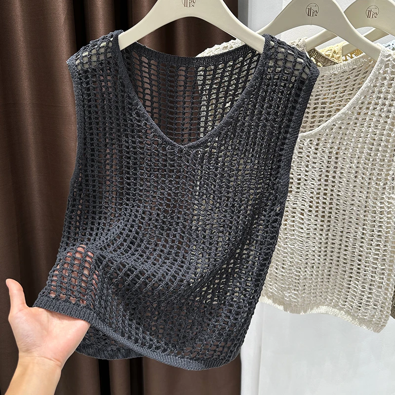 贵气轻奢V领镂空针织无袖T恤2025新款垂感柔软亲肤女款防晒罩衫