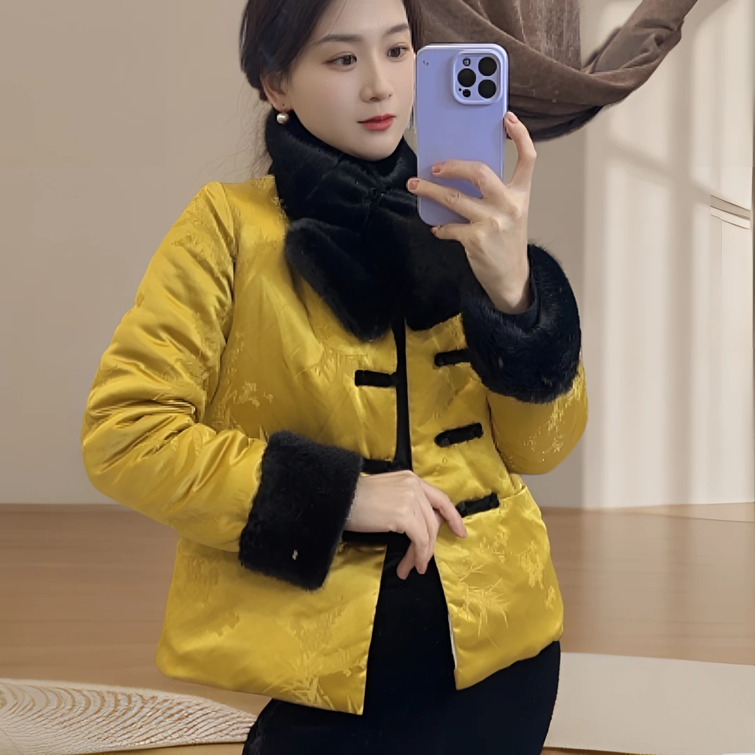 拼毛毛袖口围巾款冬季新款中式提花棉服