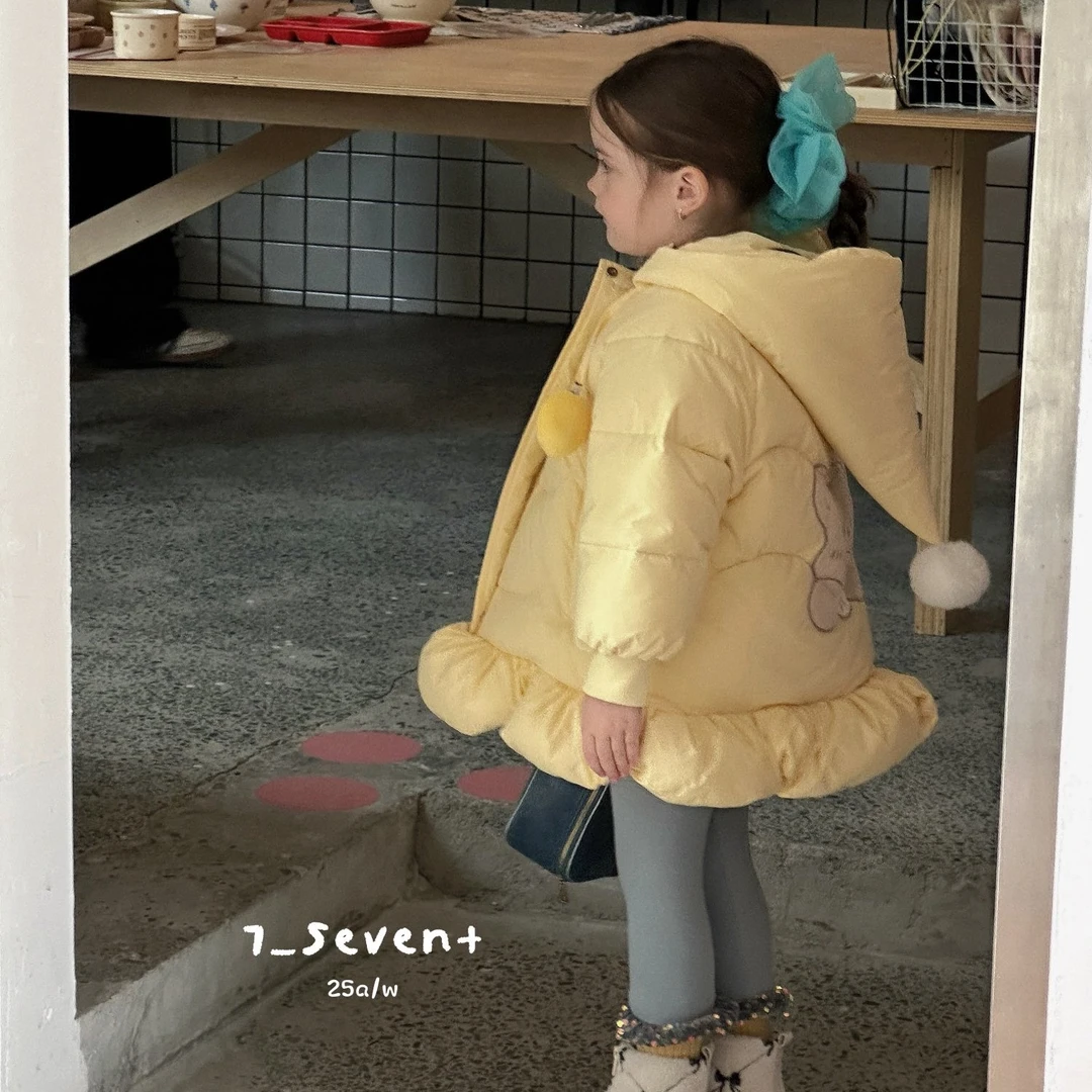 7seven黄油小熊精灵帽中长款冬款可爱卡通加厚连帽羽绒服