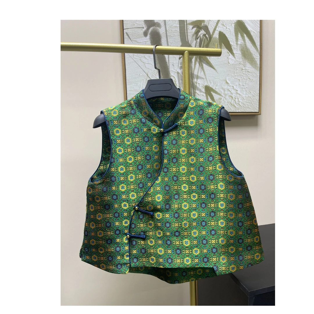 春季新款桑蚕丝金缎唐装上衣背心中国风宋锦夏季复古碎花马甲