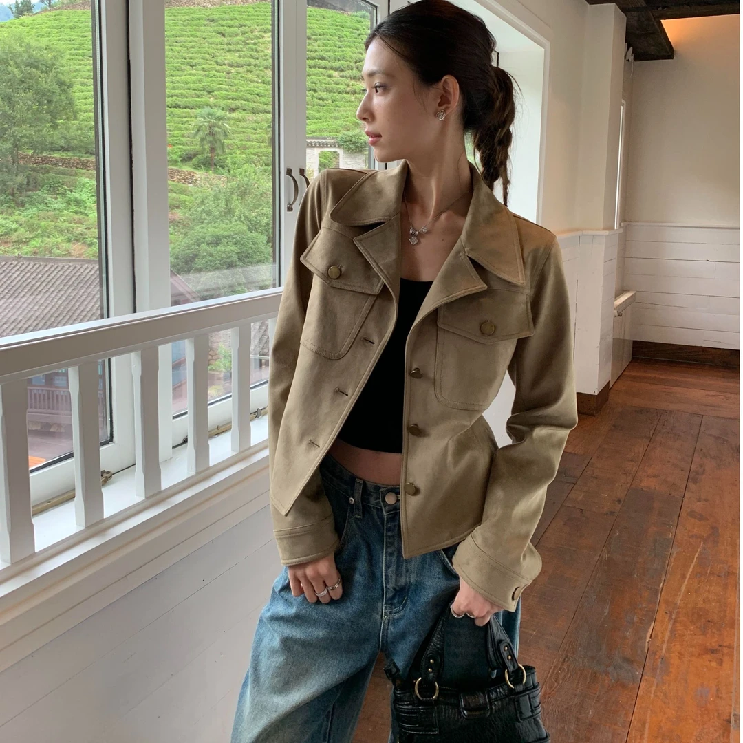 早秋炸街休闲套装气质短款复古显瘦女短外套拉链口袋时尚牛仔裤