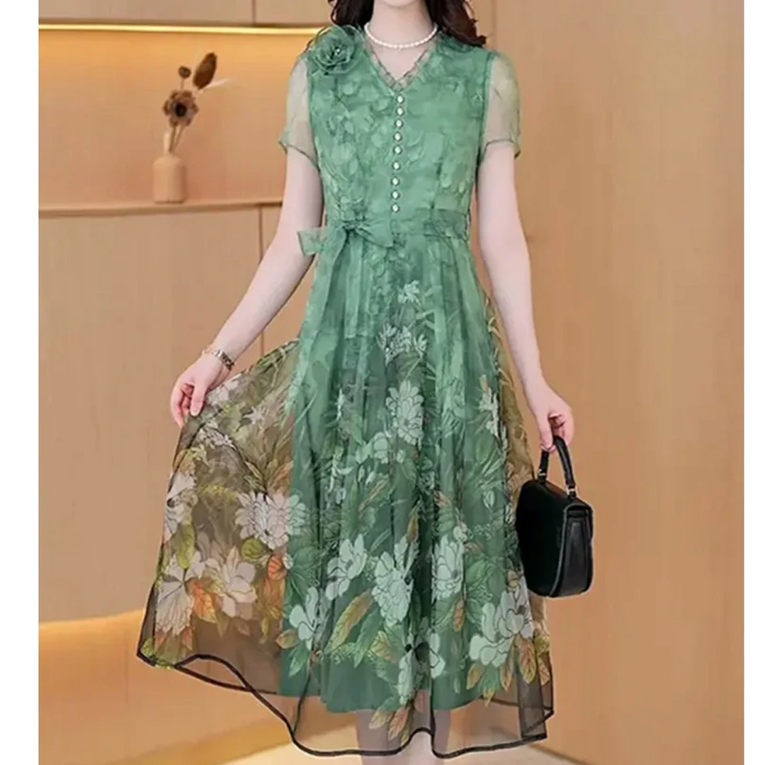 V0079 新款时尚新中式连衣裙高级感中长裙收腰减龄高腰显瘦裙子