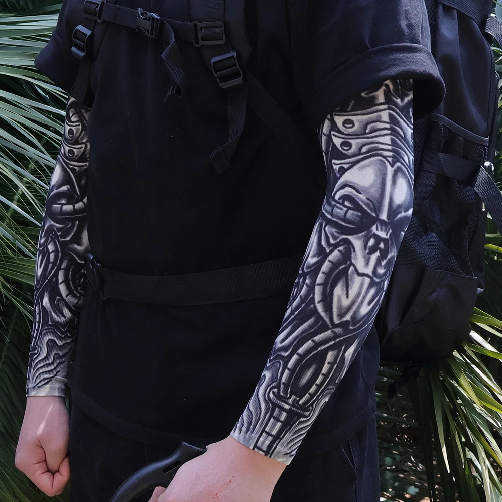 哈雷机车纹身袖套机械臂男士花臂防晒冰丝手臂套袖骑行冰爽袖护臂