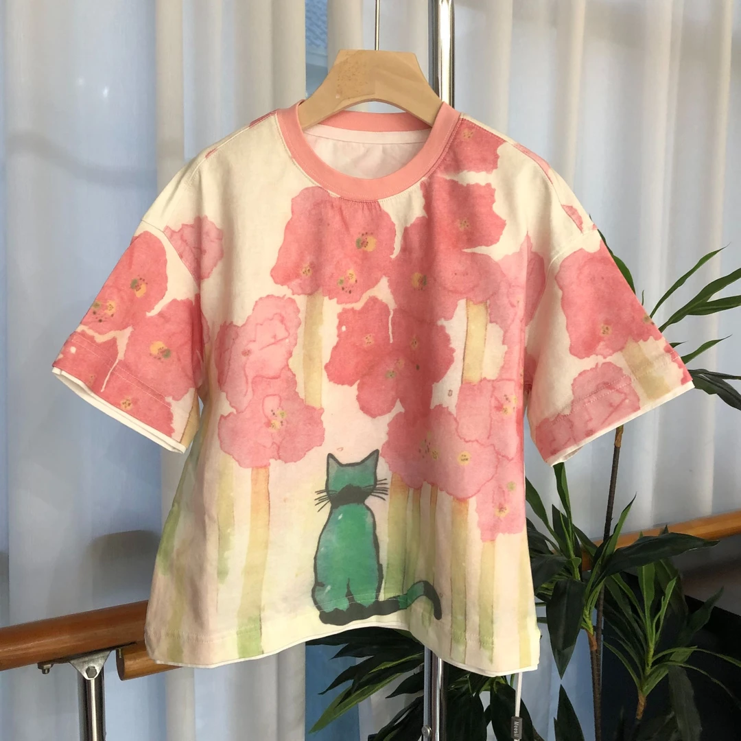 【haobaby】夏款花朵小猫可爱印花T恤5015