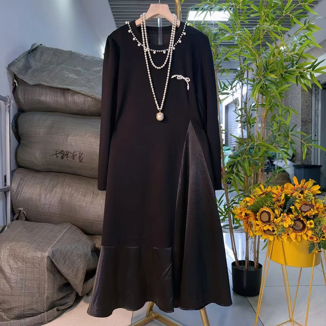 欧货气质钉珠拼接连衣裙微胖大码遮肉显瘦大方秋季长袖爆款878