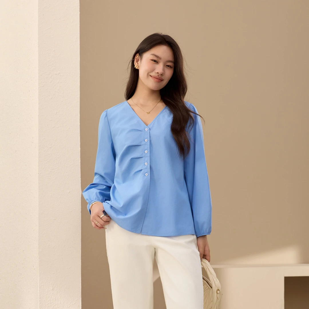 【莱赛尔V领衬衫】纤莉秀W大码女装衣胖mm气质休闲显瘦百搭上QK2506