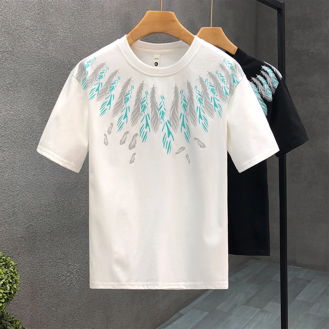 DeweLvum！匠心制作！一眼就爱上!新款休闲宽松羽毛印花短袖t恤男潮