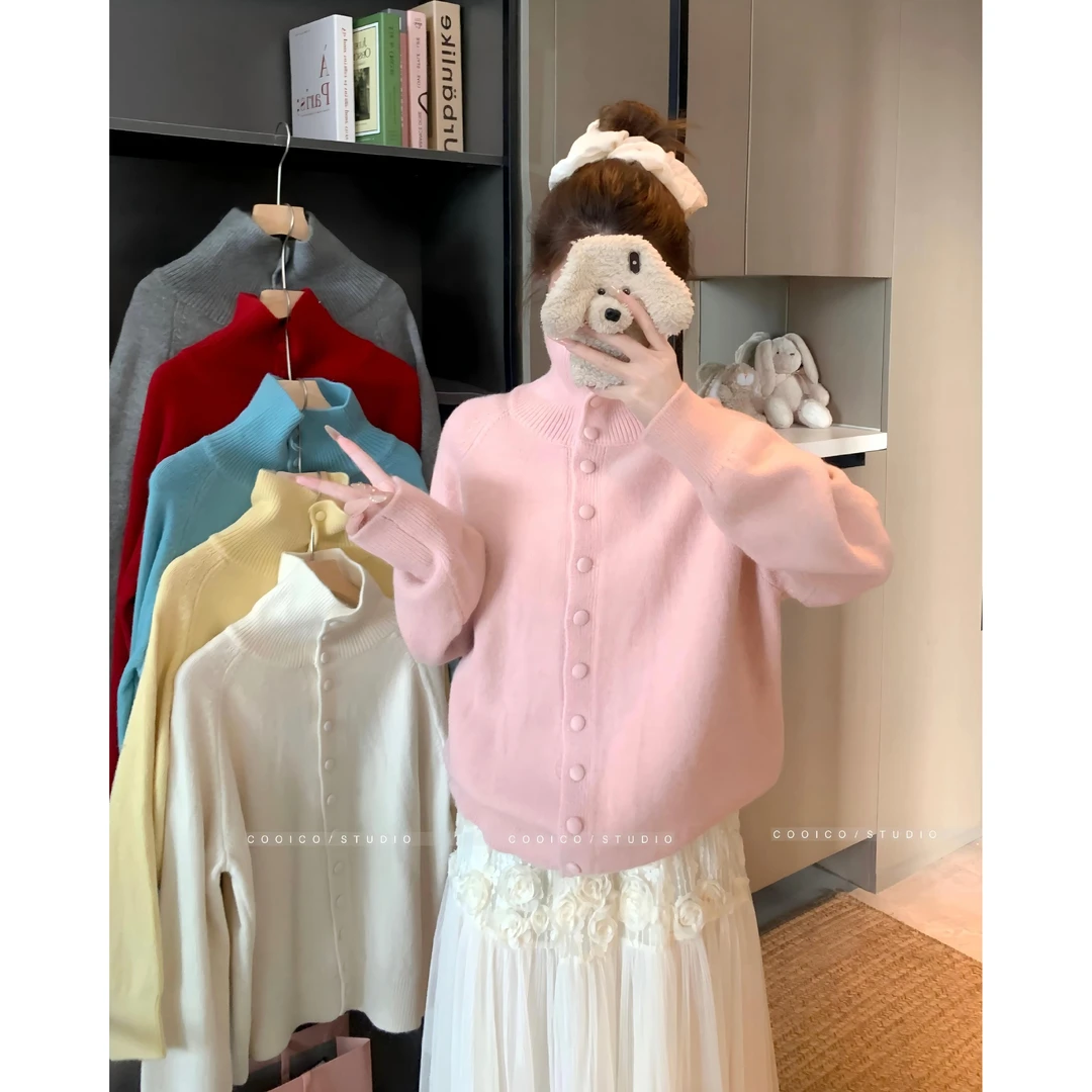 高领长袖针织开衫女秋冬新款设计感胖mm宽松显瘦毛衣外套