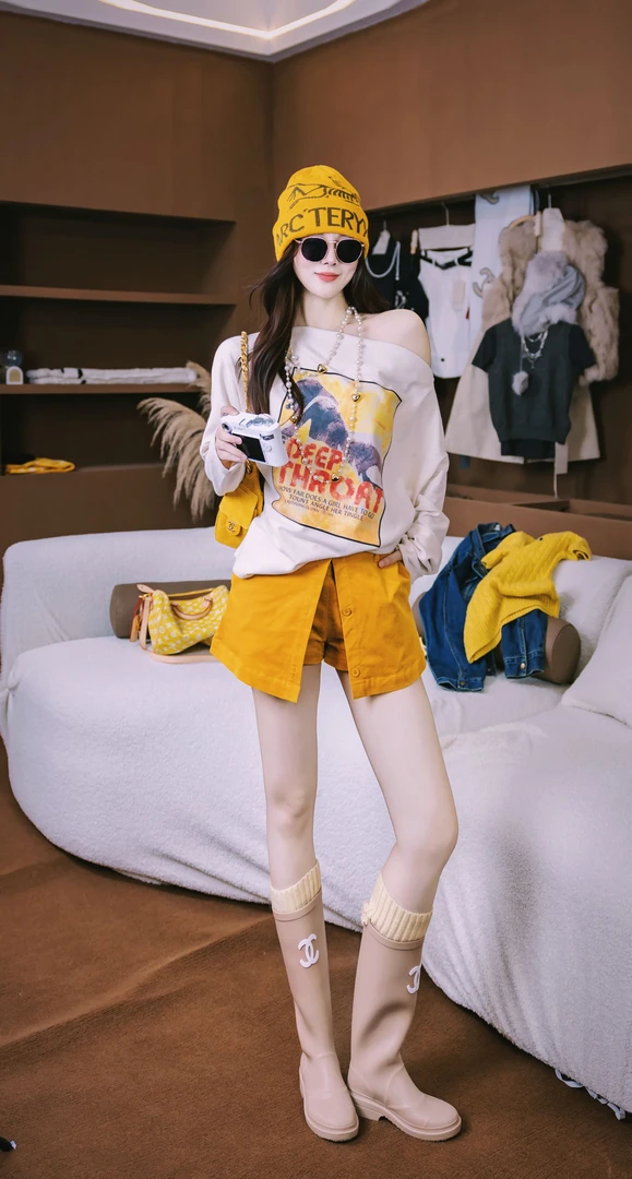 SISTER姐妹家复古慵懒印花斜肩磨毛宽松长袖T恤灯芯绒设计感裙裤